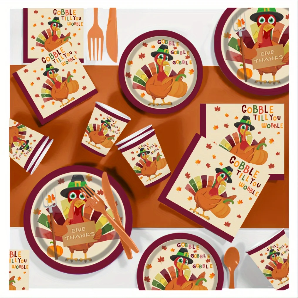 175 pcs Thanksgiving Harvest Turkey Paper Plate Set - Cutlery Sets for 25 Guests, Fall Autumn Holiday Party, Disposable Dinner a