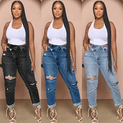 Women'S Jeans Summer Fashion Asymmetrical Ripped Skinny Stretch Denim Jeans Streetwear Hollow Out Slim Fit Ladies Jeans Pants