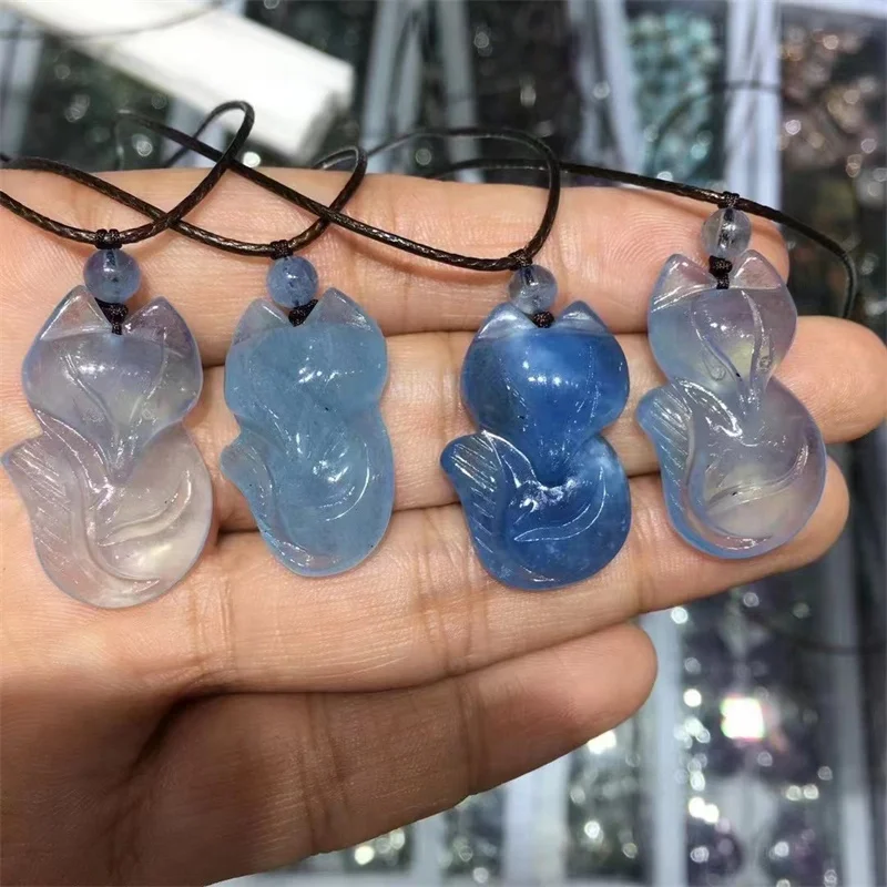 Natural Aquamarine Fox Pendant Quartz Necklace Jewelry Healing Fengshui Stone For Woman Man New Year Gift 1PCS