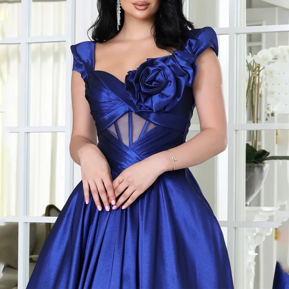 فساتين سهرة أنيقة من الساتان الأزرق فساتين حفلات رسمية على شكل حرف a على شكل قلب مطوي فساتين لحضور الحفلات الموسيقية مخصصة 2025