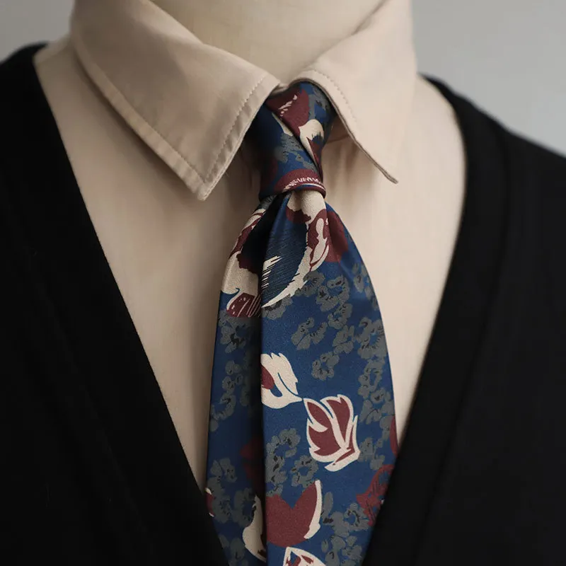 

Factory stock medieval retro oil painting simulation silk printed tie 8cm large flower casual style, vintage