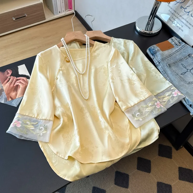 New Chinese Style Satin round Neck Embroidered Button Long Sleeve Hanfu Top Patchwork Asymmetrical Classical Fusion Design