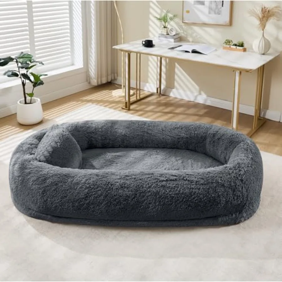 67''x43''x9'' Human Dog Bed with Plump Foam and Pillow Washable Faux Fur Storage Pockets Portable Handle Large Shared Bed for B