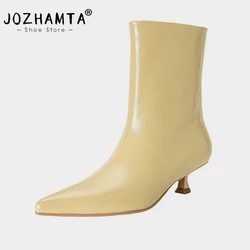 JOZHAMTA Size 34-39 Women Ankle Boots Real Leather Kitten Mid Heels Shoes 2025 Winter Ins Fashion Pointy Office Lady Daily Dress