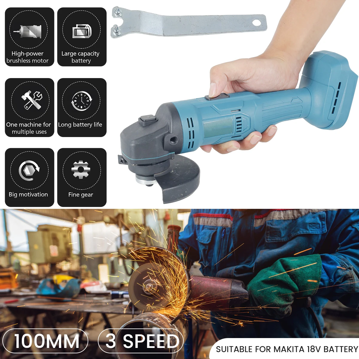 100mm Brushless Angle Grinder 8000 rpm Polishing Cutting Machine Cordless Electric Grinder Power Tool for Makita 18V Battery