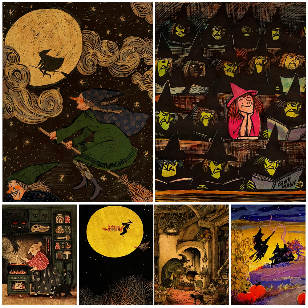 Witches In Black Magic Class Wall Art Canvas Painting A Dinner Party For Grandma Witch Art Poster And Print Home Decor Unframed