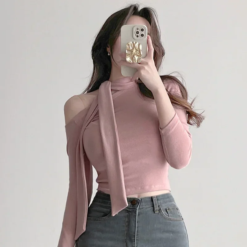 2023 Spring Bandage Women Fashion Tshirts New Turtleneck Long Sleeve Tunic Tees Chic Hollow Out Sexy Y2k Temperament Tops