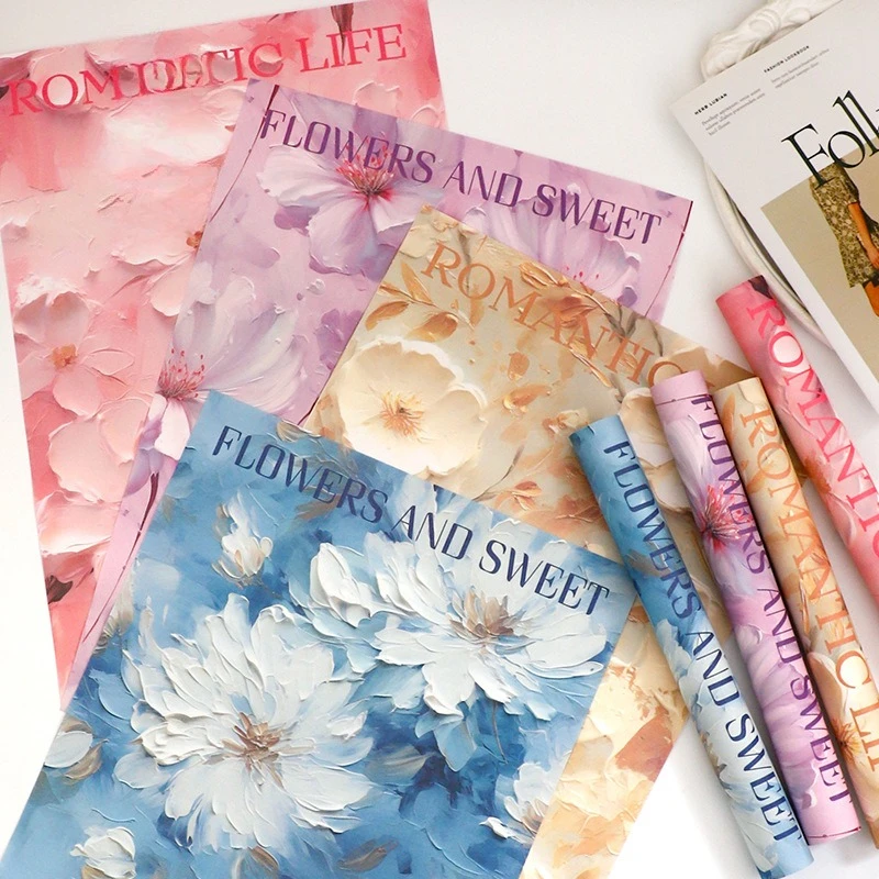 

10pcs Oil Painting Style Packaging Paper Flower Bouquet Wrapped Paper Cotton Paper Floral Material Festival Gift Packaging
