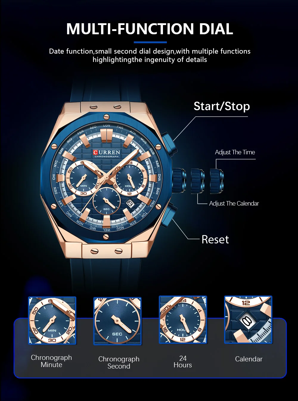CURREN Luxusmarke Hochwertige Chronograph-Leuchtuhren für Herren mit Silikonarmband, Lässige Sportliche Wasserdichte Quarz-Armbanduhr – Detail 4