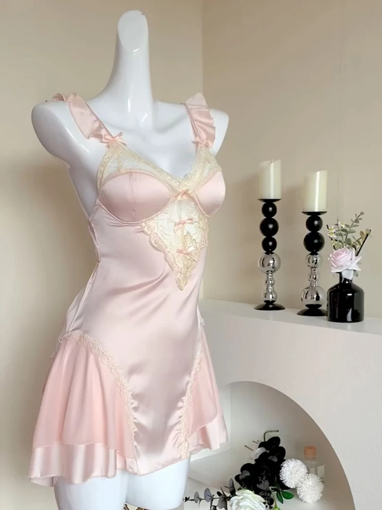 Women Light Pink Nightdress Sexy Lace Lingerie Nightwear Sleeveless Bath  Robe Gown Nightdress Nightgown Home Dress 90s Clothing - AliExpress  200574005