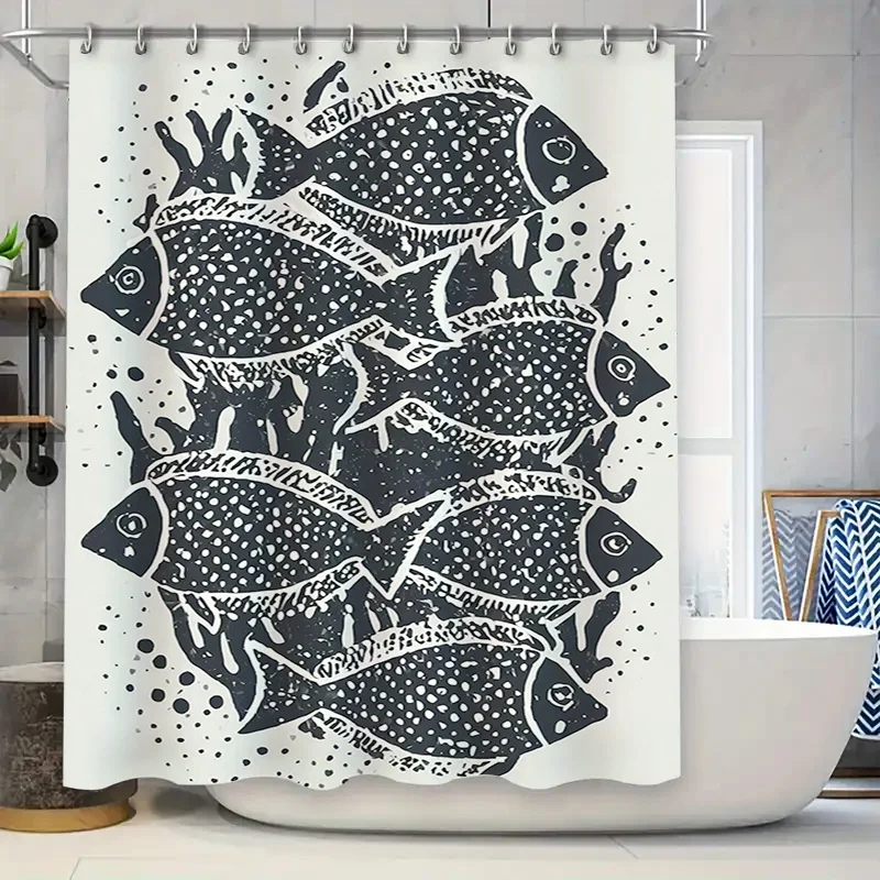 

Decorative Fish Print Shower Curtain Waterproof Home Decor Bathroom Accessories Black and White Marine Life Design Bath Rug Sets