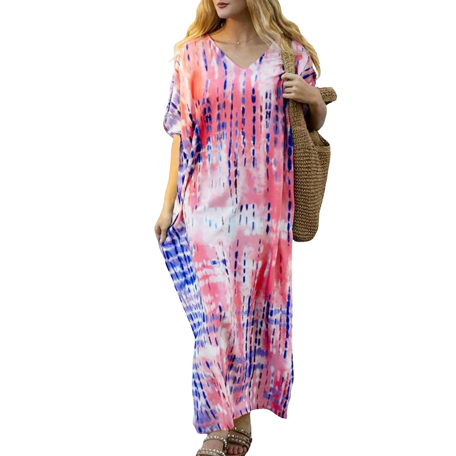 Boho Printed Kaftan Casual Summer Dresses 2025 Women Plus Size V-Neck Batwing Sleeve Beach Wear Maxi Dresses Loose Robe Sarong