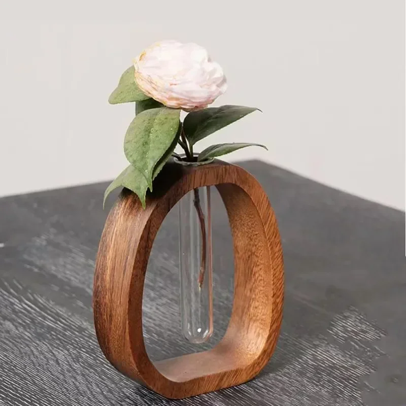 Soporte de flores de madera maciza de nogal, decoración de arreglo floral creativo, planta de vidrio Simple, mini florero cultivado en agua