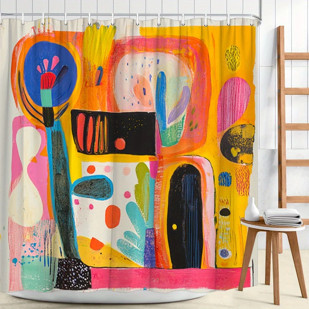 1pc Playful Abstract Shower Curtain - Colorful Floral Shapes Modern Bathroom Decor, Polyester Fabric with 12 Hooks, 179.83x179.8