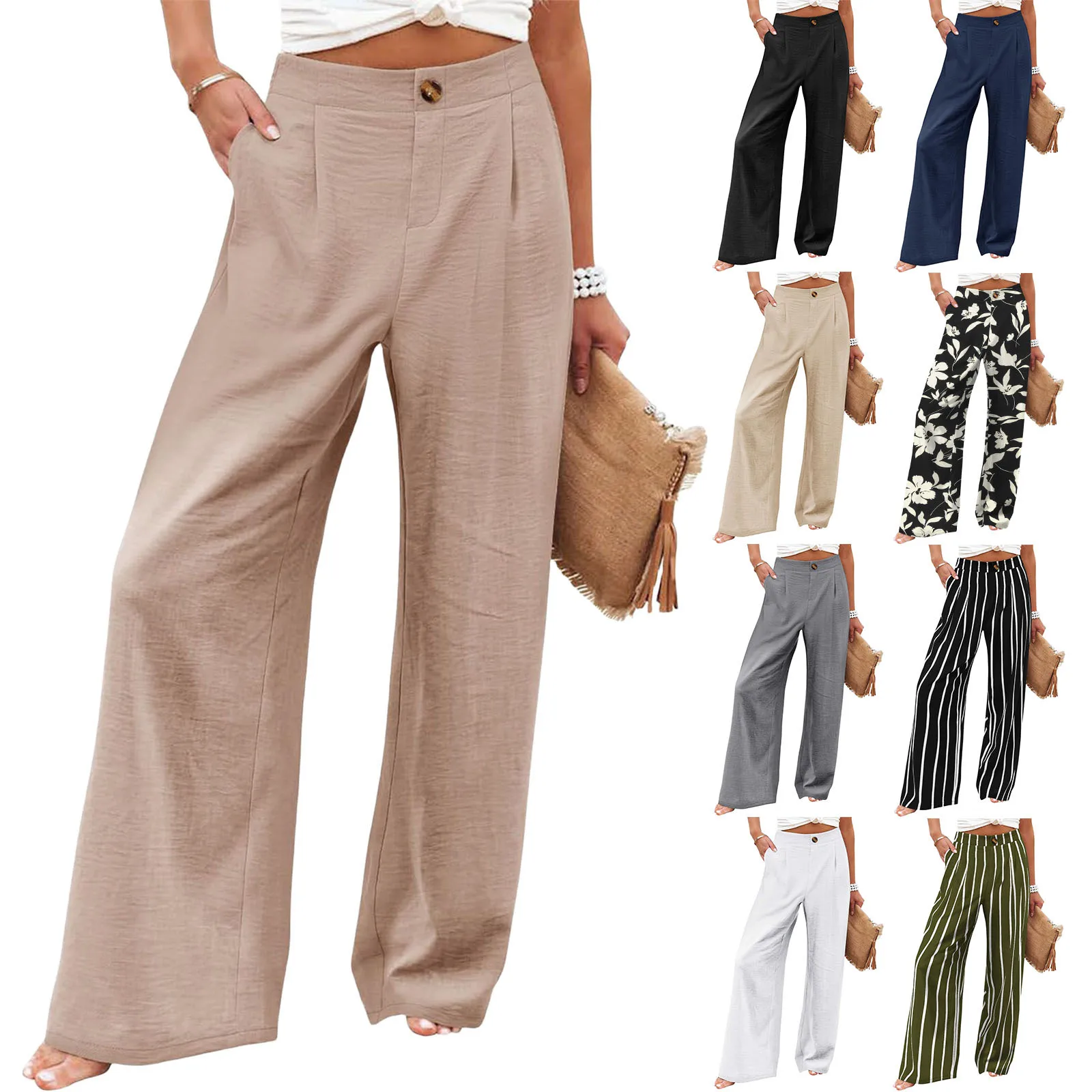 

2025 Summer Comfortable High-waisted Trousers Button-elastic Waist Wide-leg Trousers Women's Casual Straight-leg Trousers