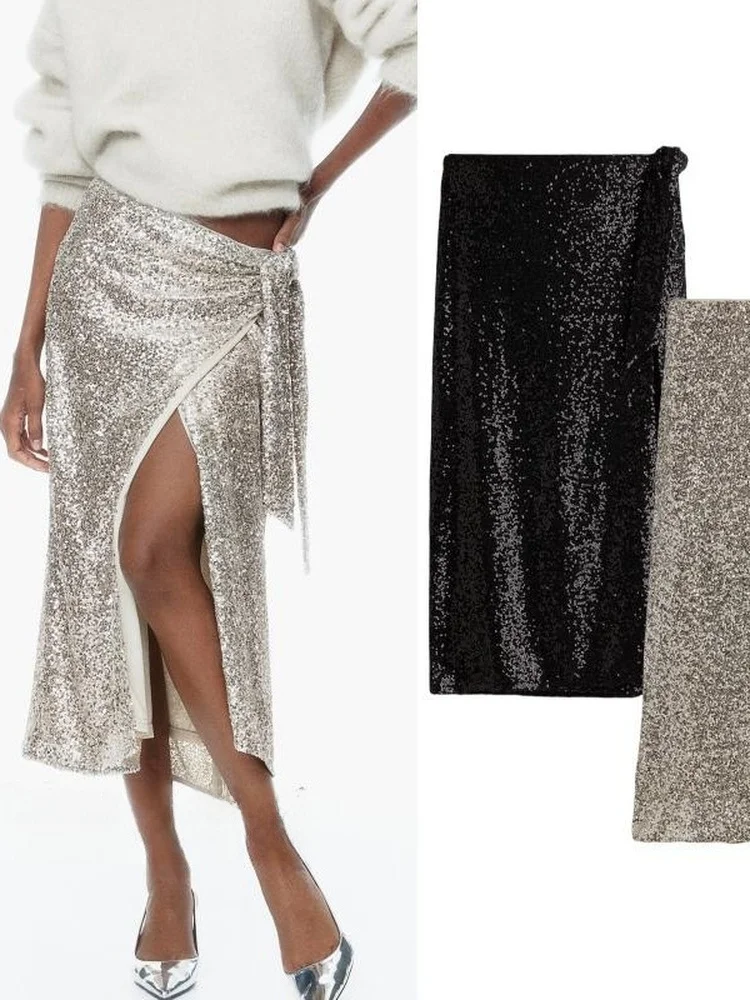 

Модная юбка-миди с высокой талией, блестящий дизайн с запахом, женская осенняя новинка, утягивающая длина, сексуальная длинная юбка