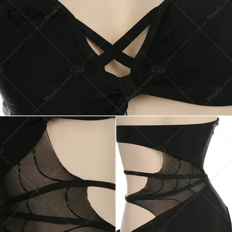 Meowcos Women Gothic Sexy Swimsuits for Women Halter Mesh Cutout One-Piece Swimsuit Tummy Control Bathing Suit