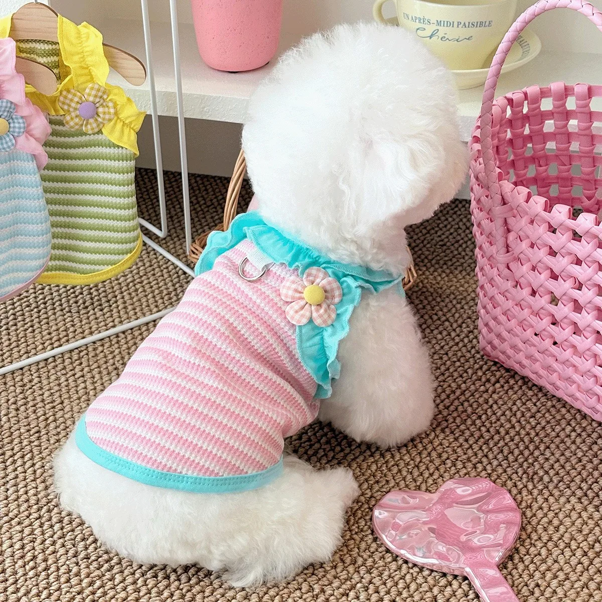 Pink Ruffled Dog Clothes Summer Dopamine Pet Vest Striped Anti Shedding Fur Dog Sling Teddy Beautiful T-shirt