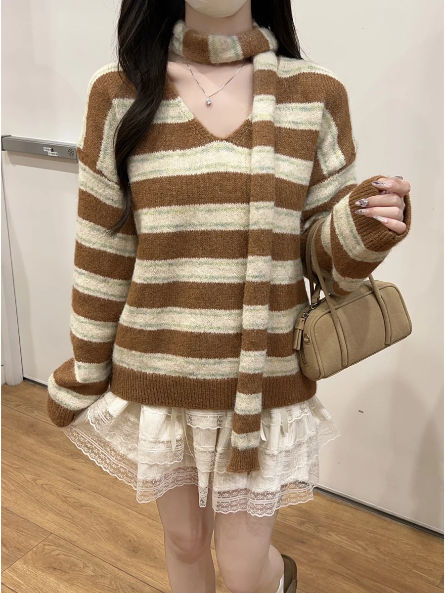 韓国 Sle ソフトルーズストライプ V ネックプルオーバーニットウェア女性の秋冬新ファイオントップ多用途ロング Sve セーター