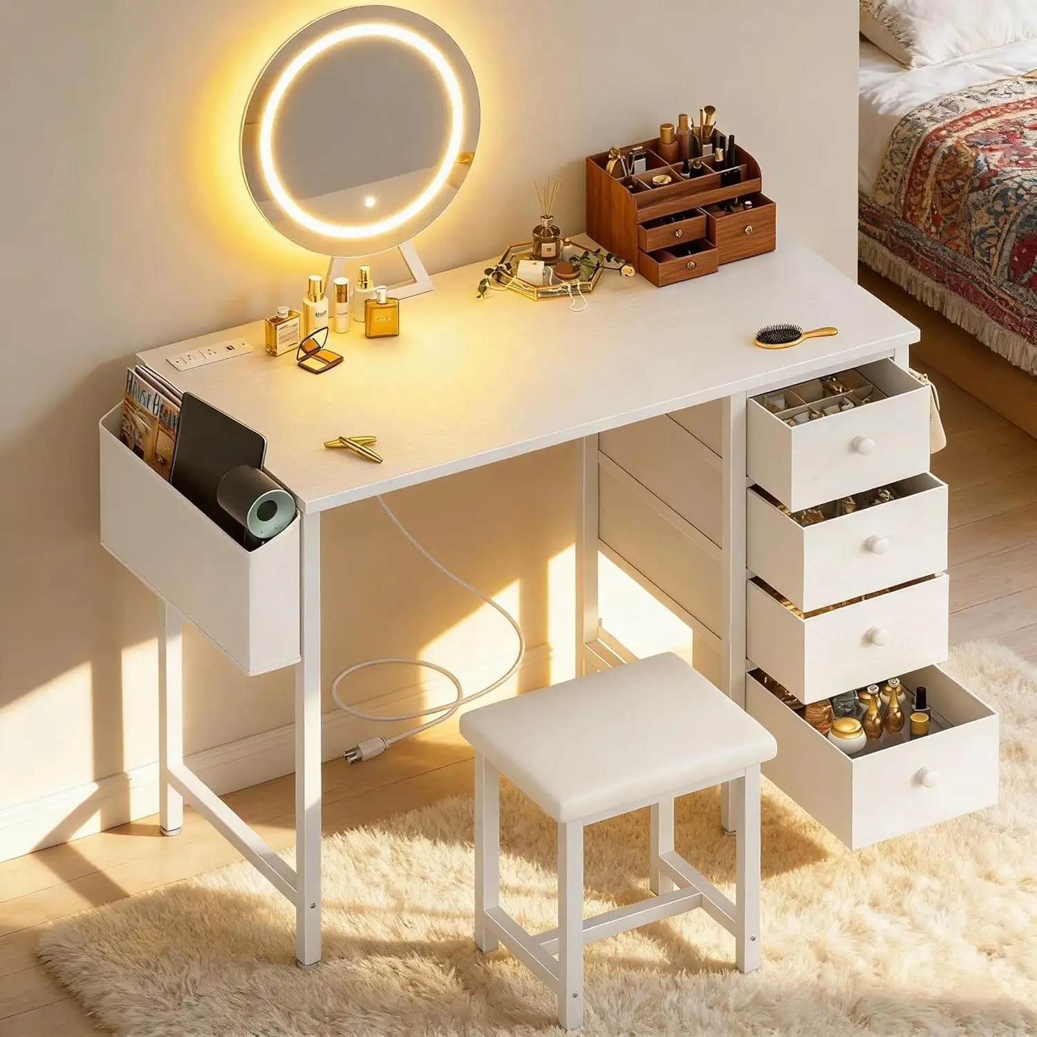 White Vanity Desk with Mirror, Light, Storage & Charging Station - Modern Makeup Table for Girls Bedroom