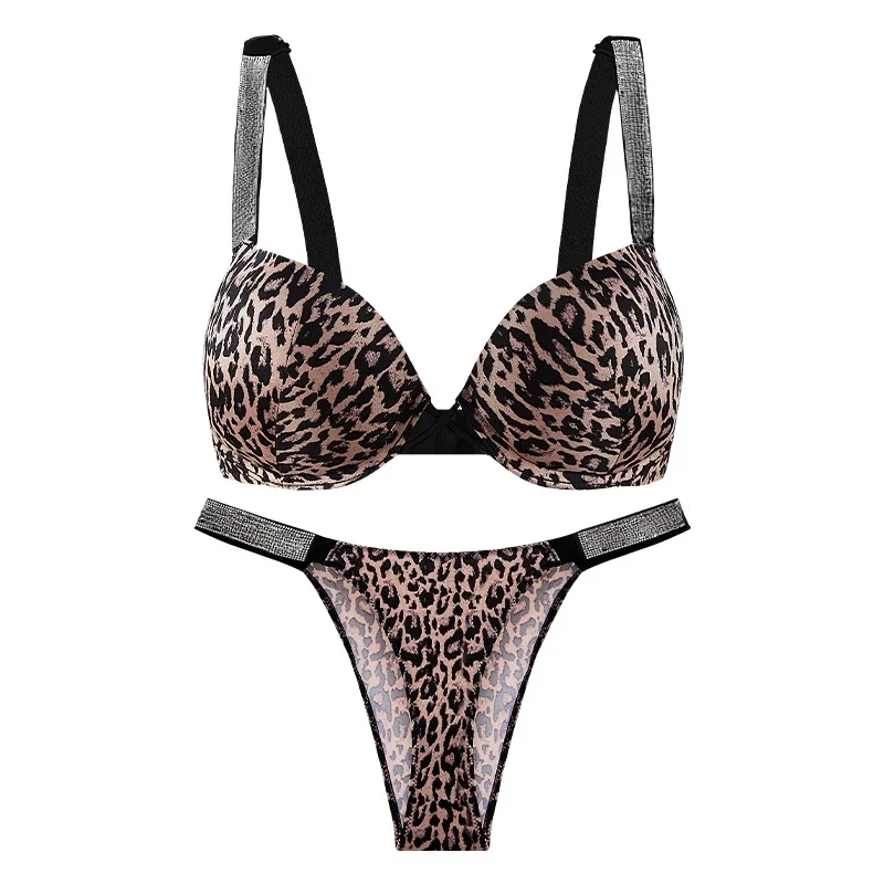 Leopard Print Sexy Bra and Thong Sets Women Comfy Seamless Brassiere Rhinestone Lace Bralette Gathering Chest Push Up Underwear