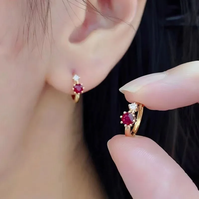 Light Luxury Ruby Earrings for Women Classic Simple and Small Red Gemstone Hoop Crystal Single Row Earings Wear Daily Jewelry