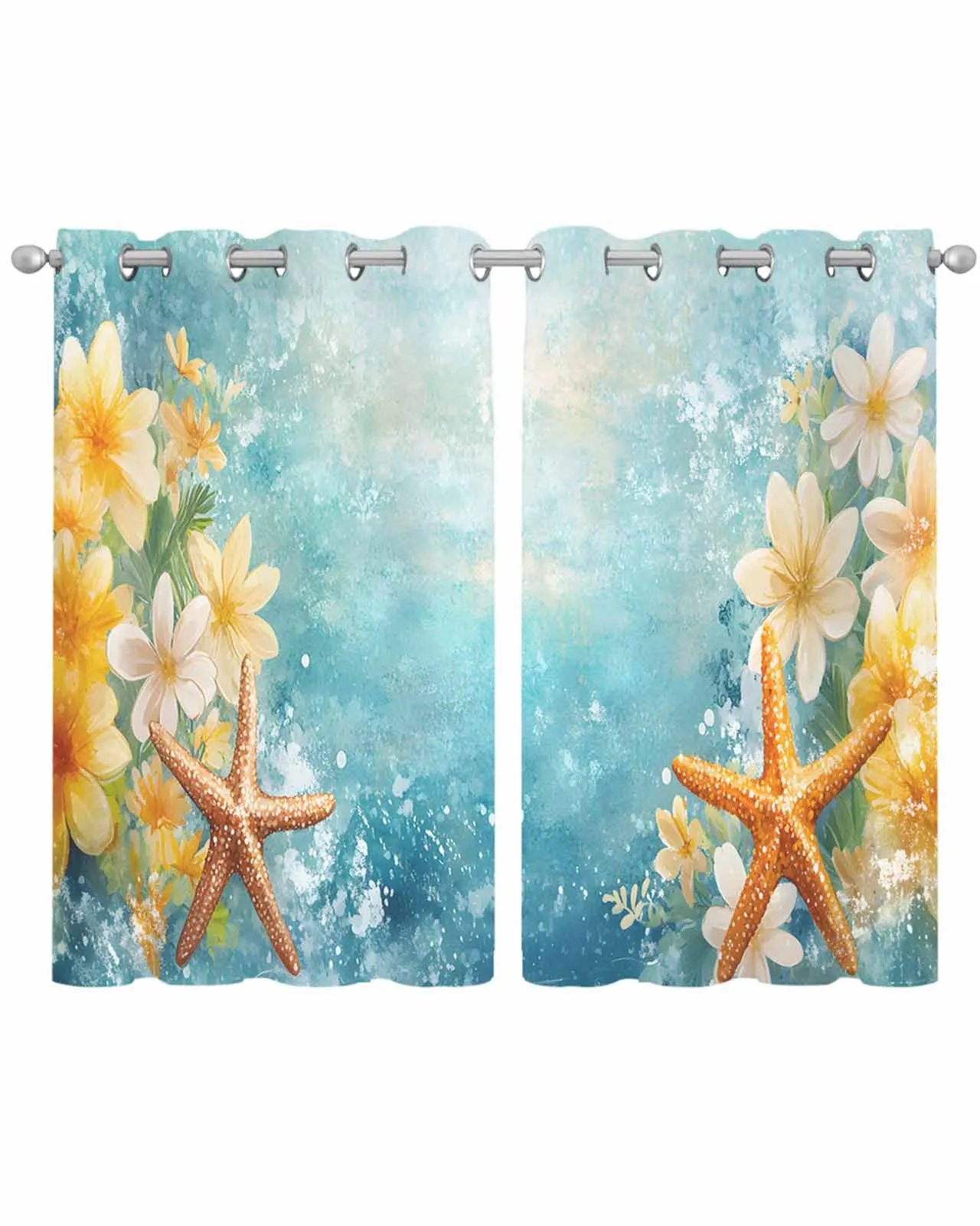 

Summer Ocean Flowers Starfish Tulle Living Room Decoration Transparent Sheer Curtains Bedroom Kitchen Voile Chiffon Drapes