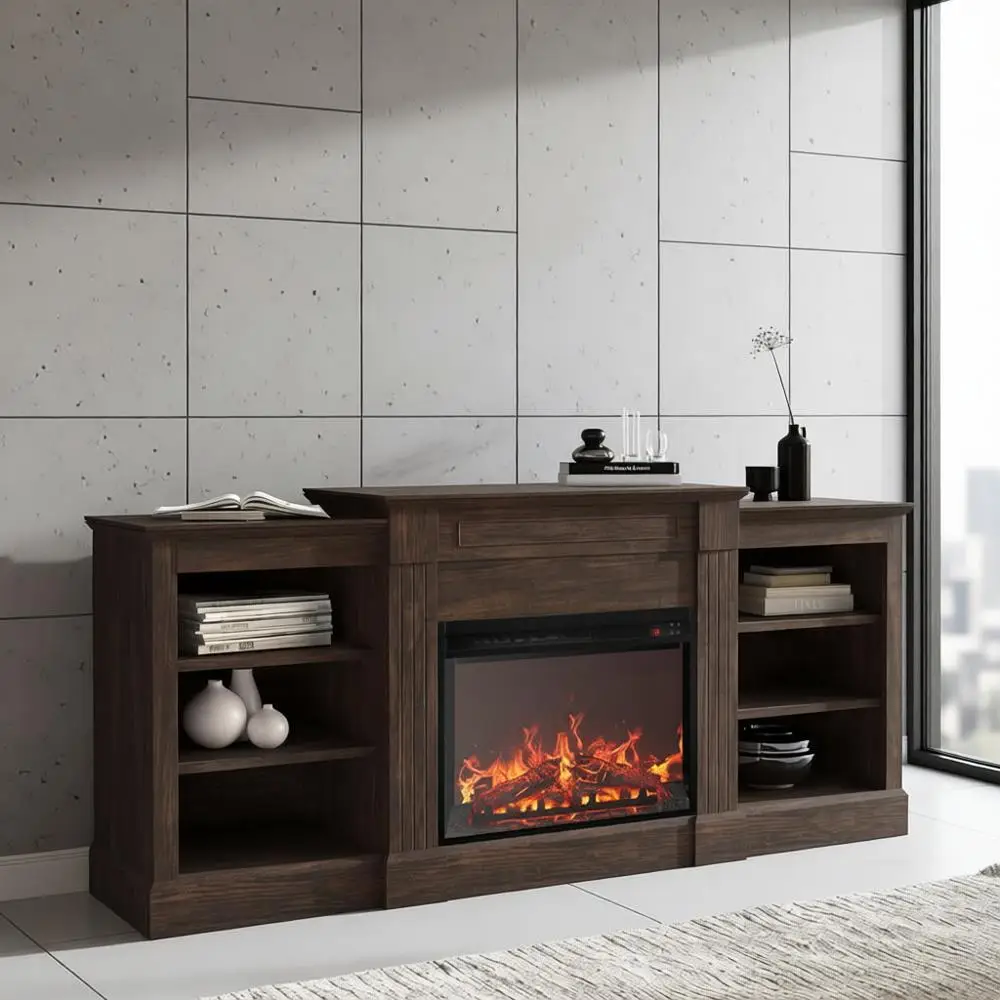 66 Electric Fireplace Mantel with Sound, Entertainment Center for TVs up to 75, Media Stand with Side Shelves - Brown
