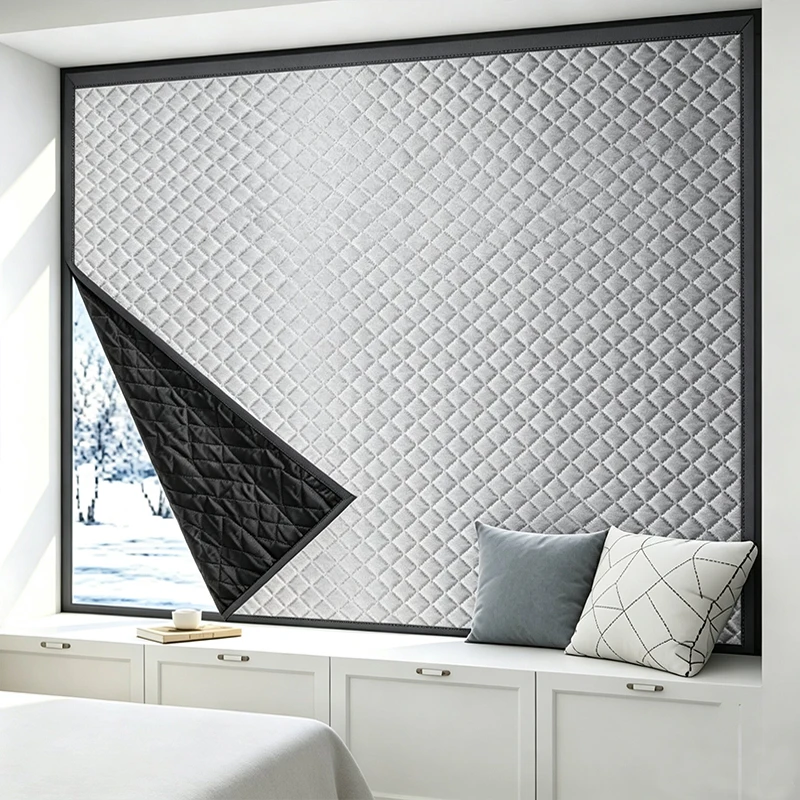 Thickened Graphene Blackout Curtain No Drill Window Insulation Cover Winter Thermal Cold Barrier for Apartment Bedroom Home