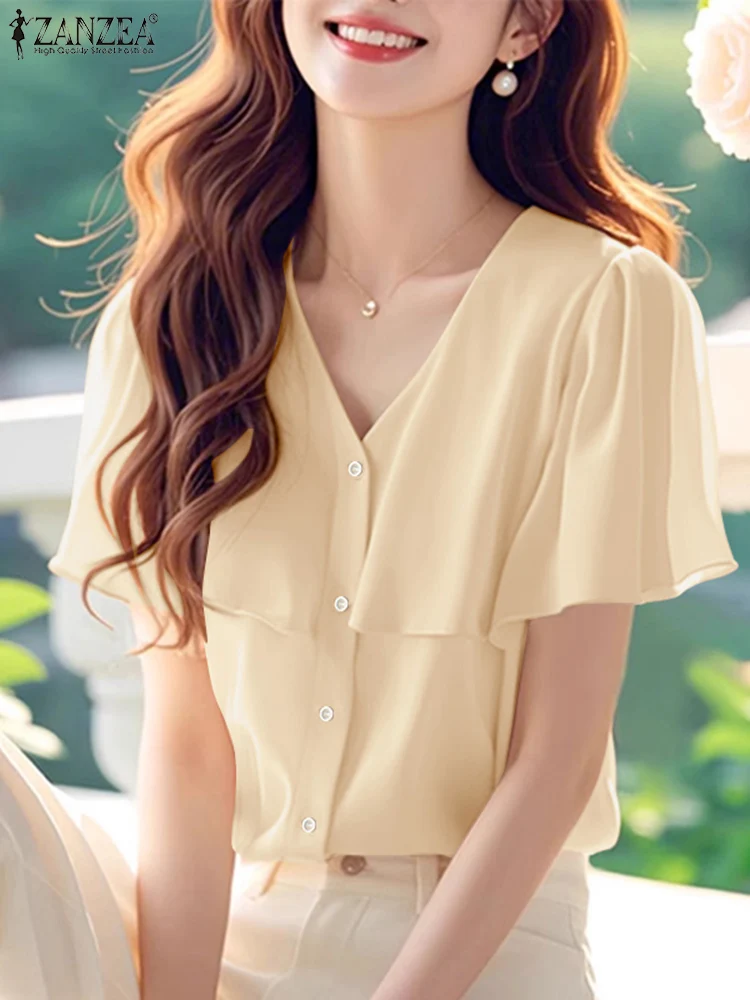 

Women Office Blouses ZANZEA Elegant V Neck Work Shirt Woman Summer Tunic Tops Short Sleeve Solid Button Blusas Stylish OL Shirts
