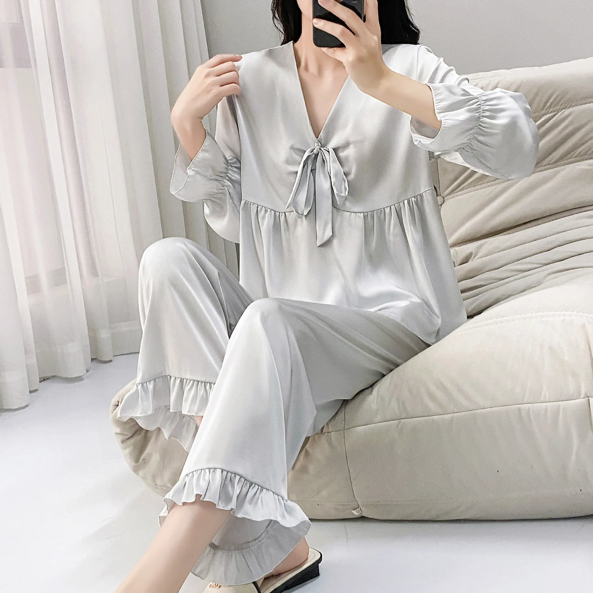 

Комплект из 2 предметов: пижама с длинным рукавом и брюками, женская пижама из шелкового сатина, сексуальная домашняя одежда для весны и лета, домашняя одежда для девушек