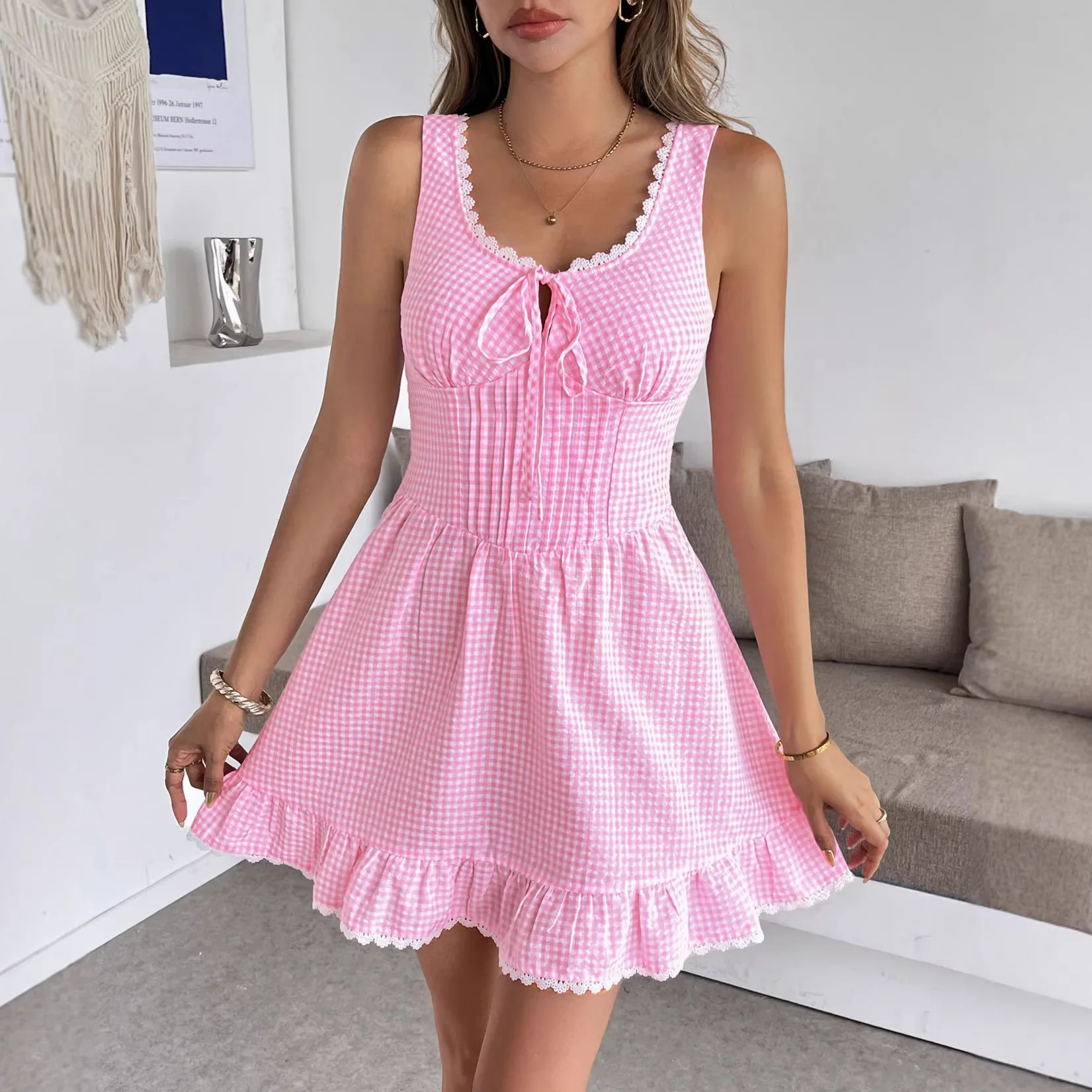 2026 New Women's Sleeveless Dress Vacation Sweet Spicy Girl Short Skirt Lace Bow Plaid Dress