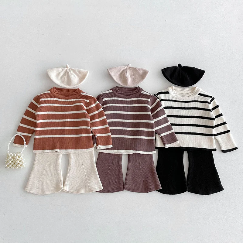 

Autumn Korean Style Children Baby Girls Stripe Knitting Sweater Clothing Set Sweater Bell-Bottoms Pants Children Clothes Suit