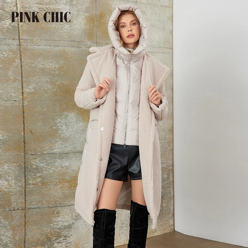 PINK CHIC 2023 New Winter Coat Women Down Jackets Quilted Faux Fur Hooded Long version Parka Female Coat W8263