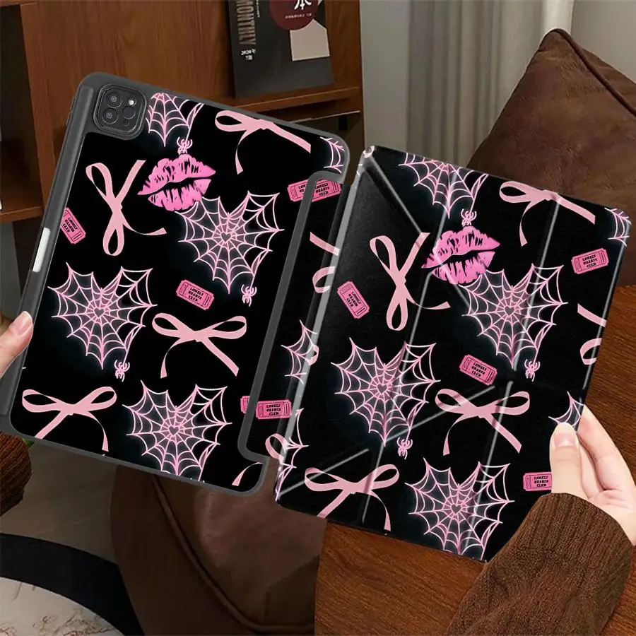 

Чехол-подставка для планшетов iPad Pro 11-го, 10-го, 9-го, 8-го, 7-го поколений, 12.9-дюймовых Pro 2025, Mini 6, 7, Air 4, 5, M3, M2, M4, 11-дюймовых, розовый, с узором «Паутина»