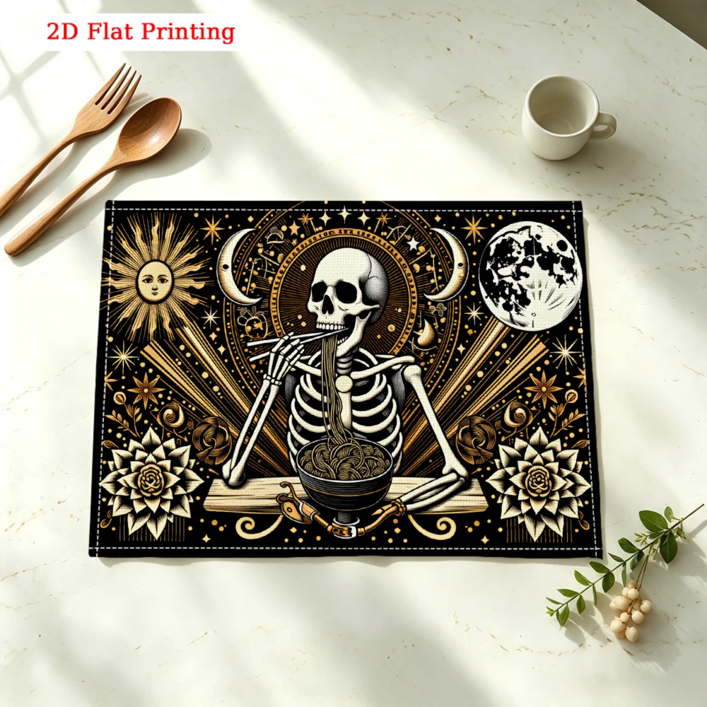 Skeleton Eating Noodles Kitchen Placemat Skeleton Eating Noodles Linen Pad Dish Coffee Cup Table Mat 1PC 30x40cm