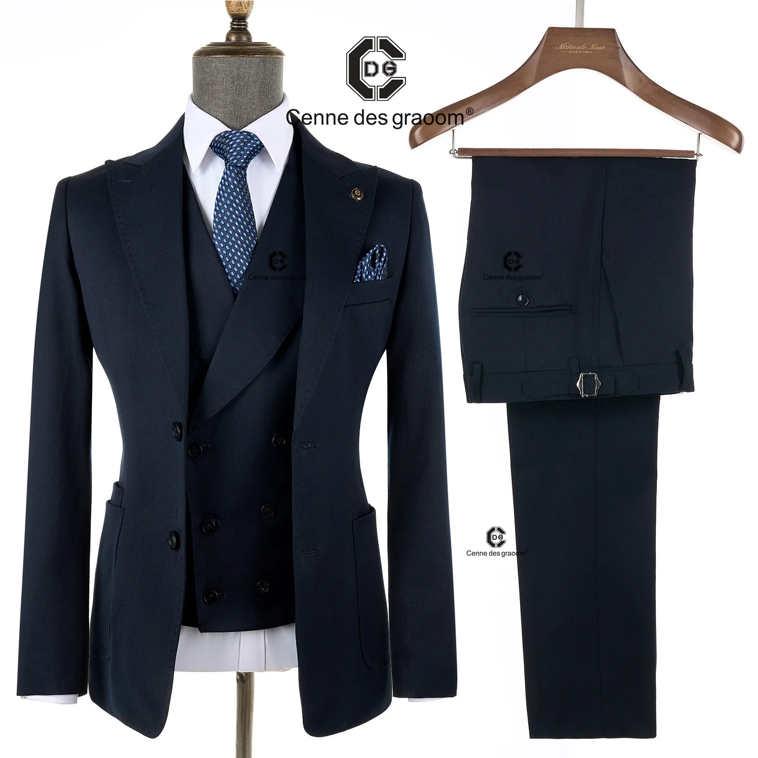 Cenne Des Graoom 2024 Blue Black Stripe Men Suits with Patch Pocket Blazer Vest Pants 3 Pieces Set Meeting Wedding Daily Use