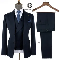 Cenne Des Graoom 2024 Blue Black Stripe Men Suits with Patch Pocket Blazer Vest Pants 3 Pieces Set Meeting Wedding Daily Use