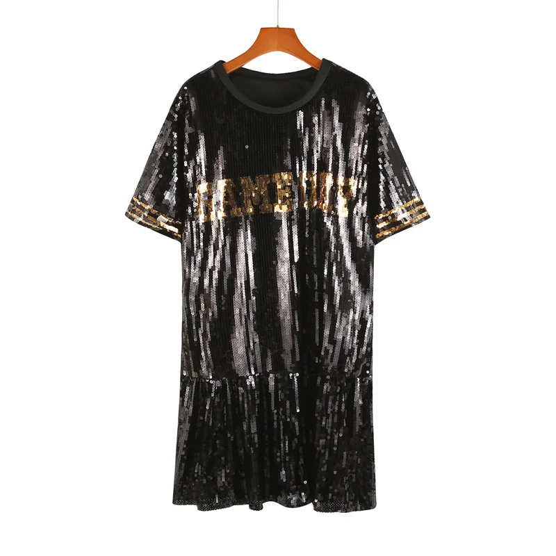 Summer High Quality Streetwear Letter Sequins Tassel Stripe Short Sleeve T-Shirt Hip Hop Round Neck Straight Loose Women's Wears