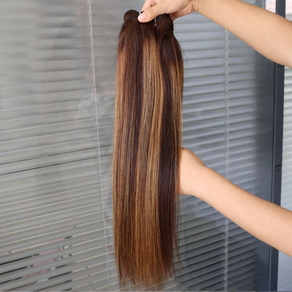 البيانو اللون 4/27 شقراء عذراء ريمي بالجملة حزم الشعر البشري لحمة مزدوجة تسليط الضوء على اللون البني موجة النسيج انخفاض الشحن