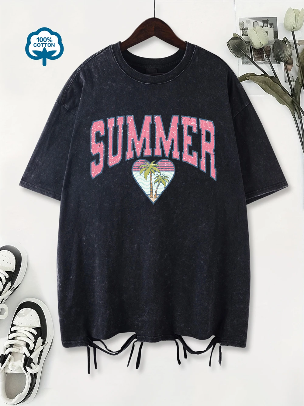 

100% Cotton Washed T-Shirts Womens Summer Beach Printing Tops Street Holes O-Neck Oversized Streetwear Casual Womans Clothes