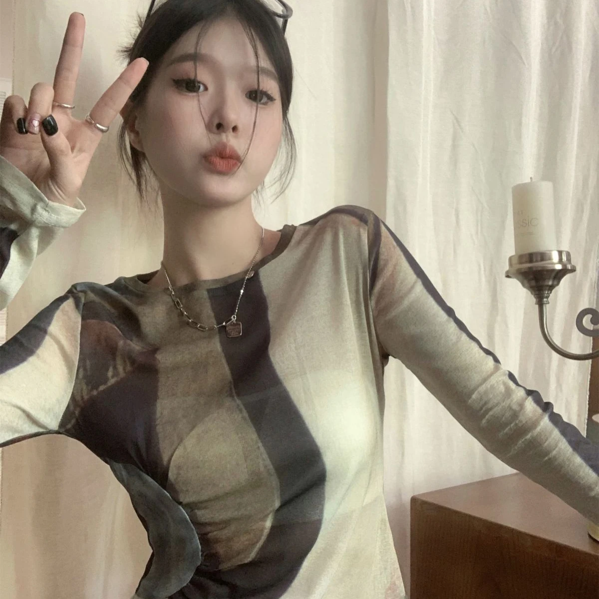 Color Blocking Micro Transparent Blouse Inner Top Slim Long Sleeved Shirt Soft Breathable Blouses Elastic Tee