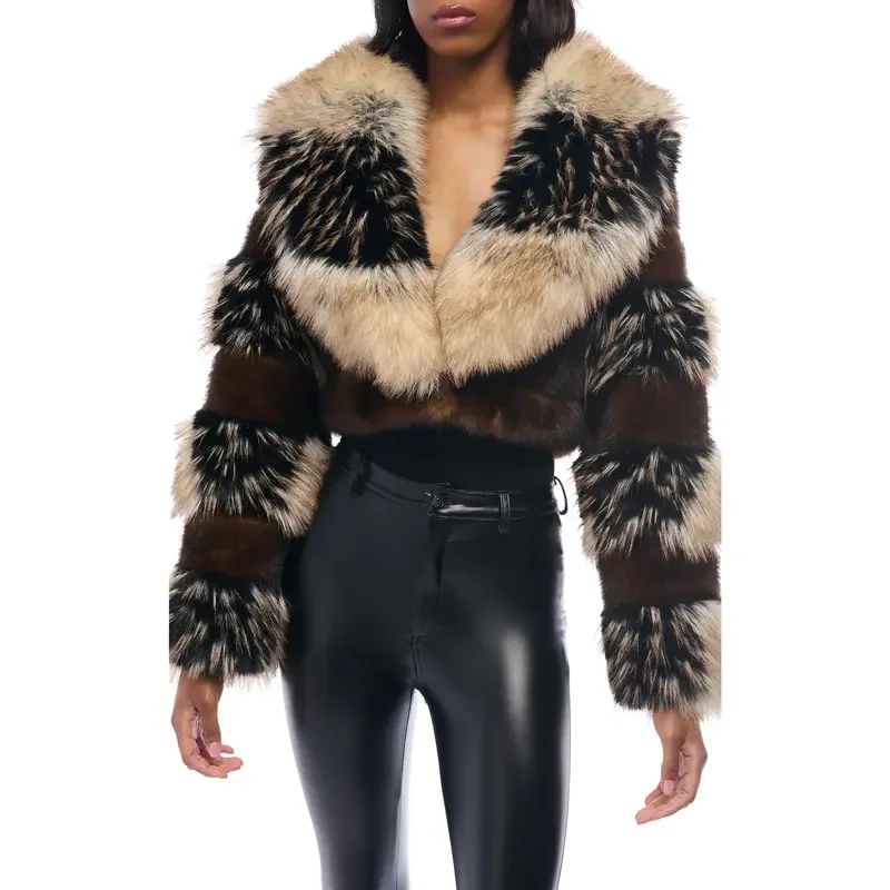 Women's Genuine Fur Jacket Short Coat with Large Fur Collar Color Block Design Luxury Winter Fashion Outerwear