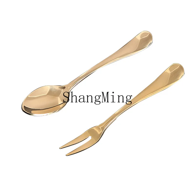

PYH pure brass fruit fork household coffee spoon safety small fork creative light luxury dessert spoon short mixing
