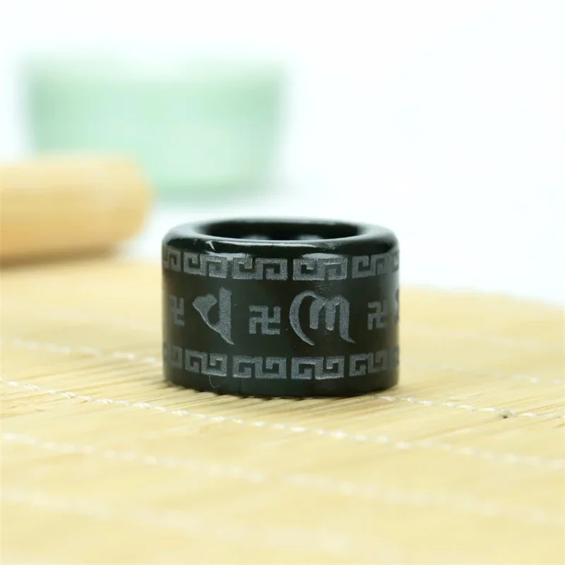 

Hot Selling / Hand-carve Hetian Cyan Jade Mantra Finger Ring Fashion Jewelry Men Women Luck Gifts Amulet