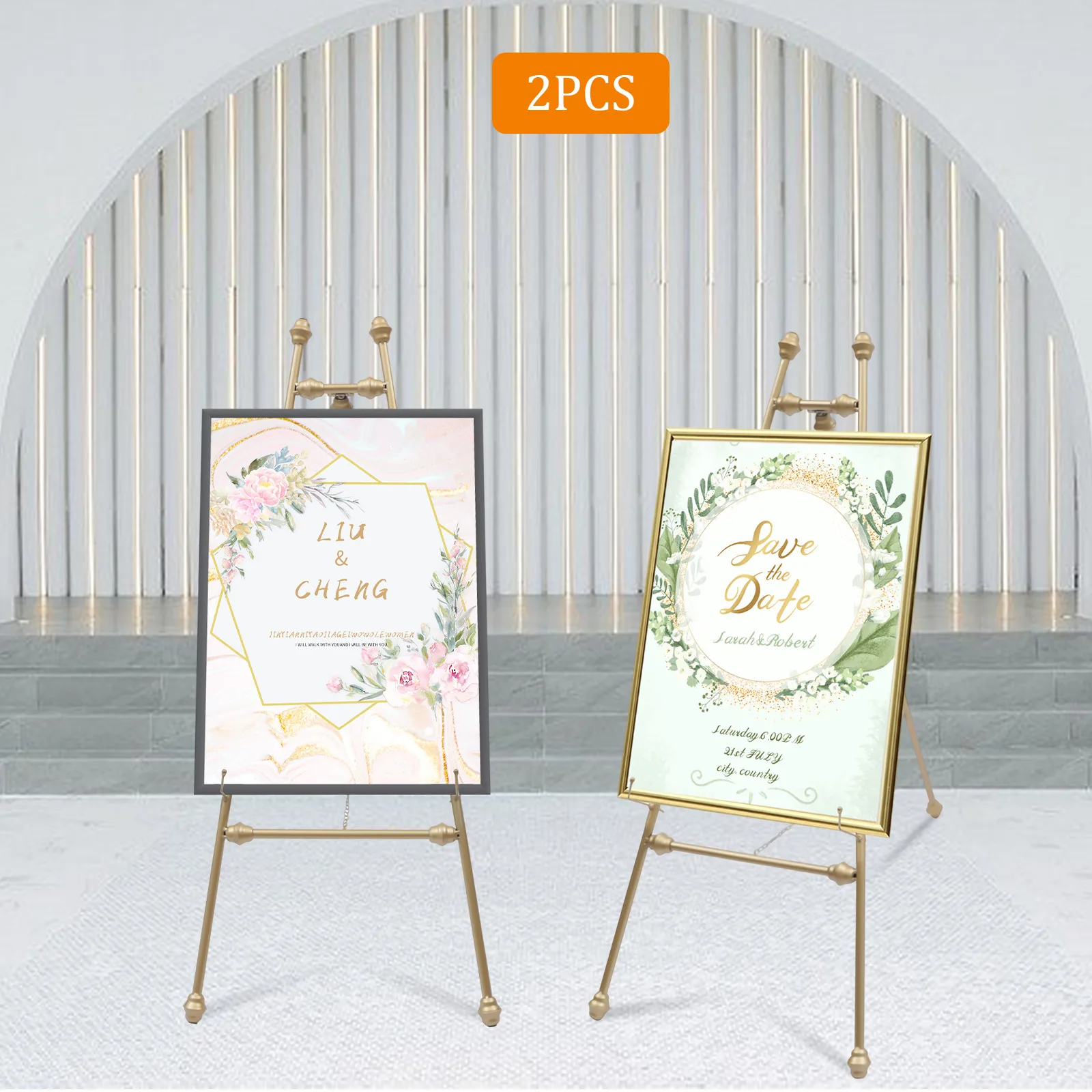 

Portable Floor Wedding Easel Art Exhibition Gold Frame Display Stand 2pcs