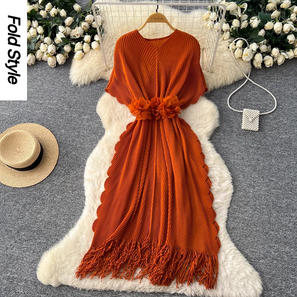 

Miyake 2025 Autumn New Pleated Dress Female Pure Desire Waist Versatile Fringed Long Dress Temperament Commuting