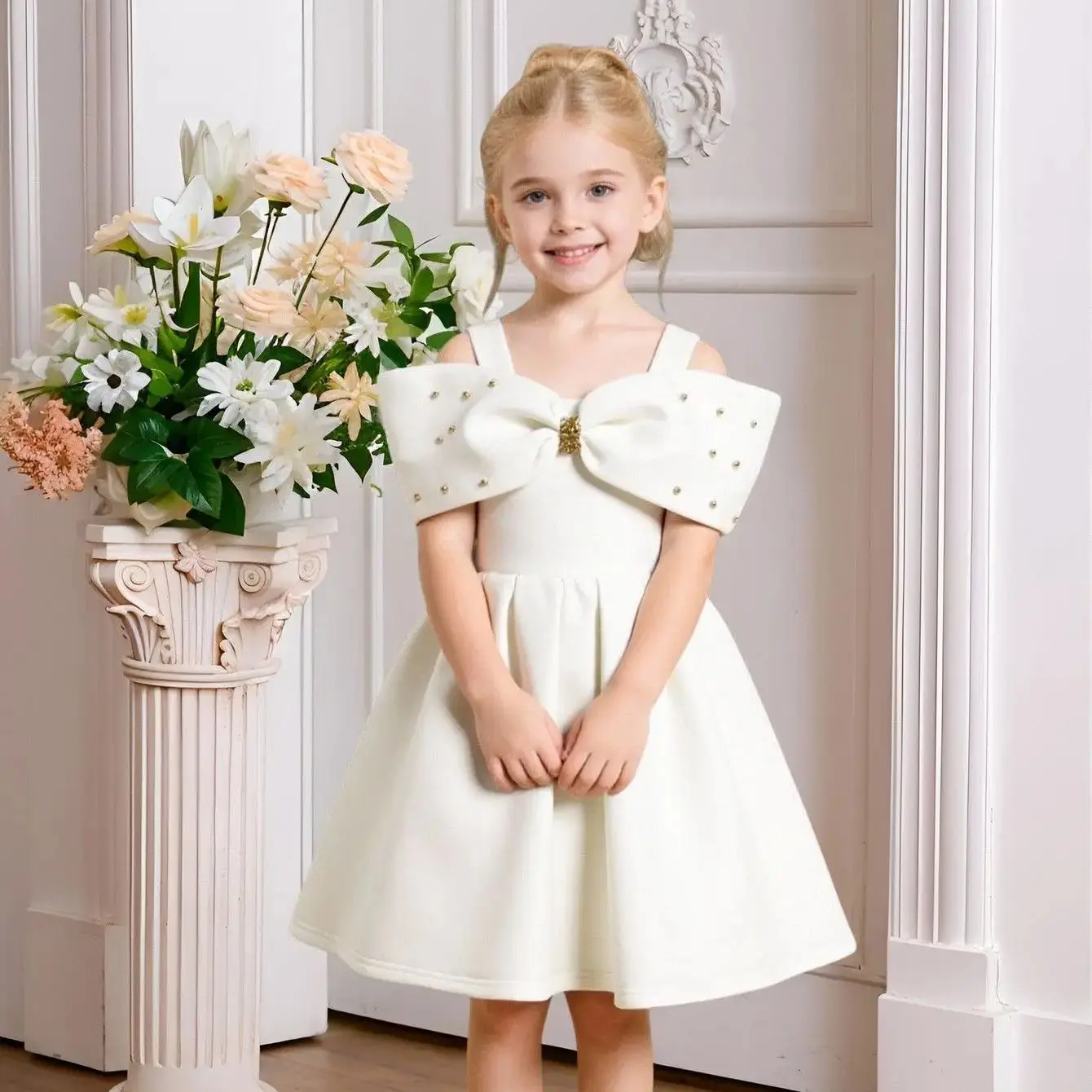 ชุดเดรสเจ้าหญิงประดับลูกปัดผูกโบว์น่ารักสำหรับเด็ก งานวันเกิด งานแต่งงาน พิธีศีลมหาสนิทครั้งแรก คริสต์มาส ปีใหม่ งานประกวด