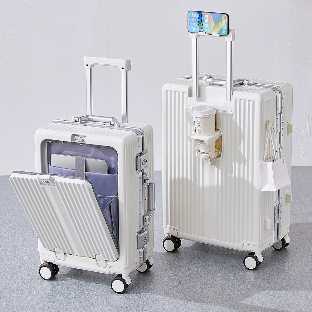 Front Opening Pocket Suitcase with Aluminum Alloy Frame Lock Trolley Bags Travel Rolling Luggage USB Charging Plug Spinner Wheel