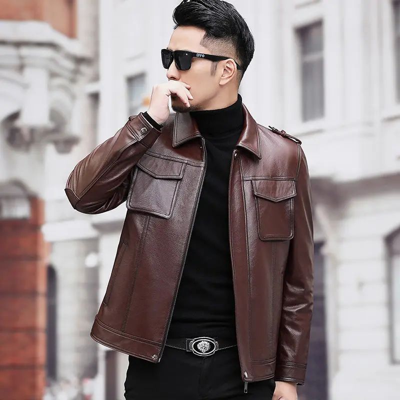 

2022 Men's Autumn Winter Fashion Lapels Genuine Leather Coats Men's Real Cow Leather Jackets Male Short Slim Fit Outwear W68